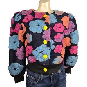 Houlengs Crop Jacket Sz XS Black Pink Blue Floral Fairycore Whimsigoth